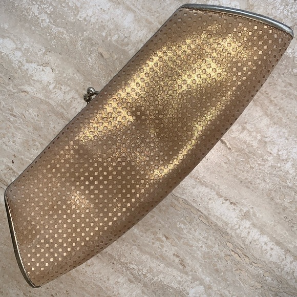 RODO metallic gold clutch, laser cut suede over satin, “kiss” lock. - Picture 4 of 17